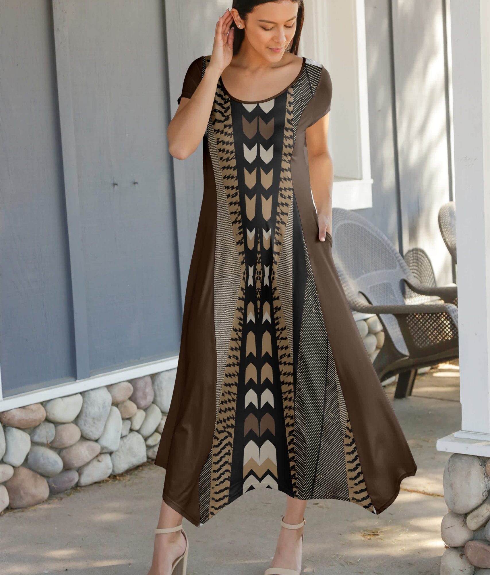 Lily by Firmiana Women's Cap Sleeve Fishtail Maxi Dress Brown & Tan Aztec Stripe