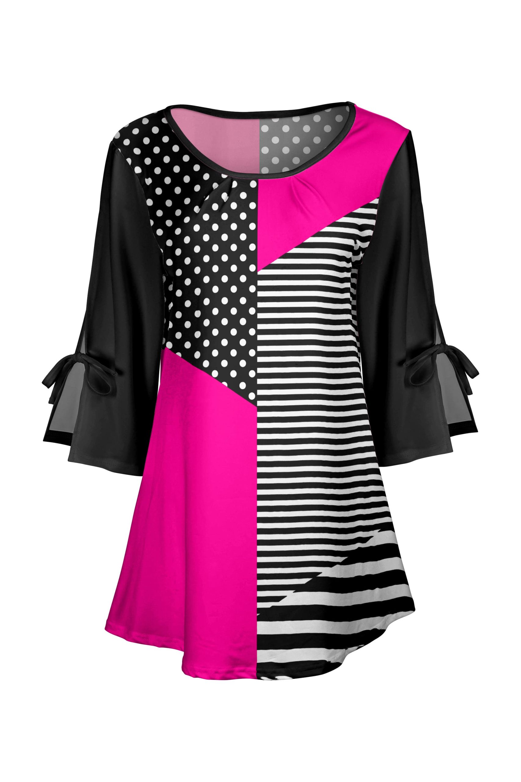 Lily by Firmiana Women's Round Neck Tunic with Split Hem ¾ Sleeves and Tie Detail Hot Pink & Black Stripe Colorblock - Image 5