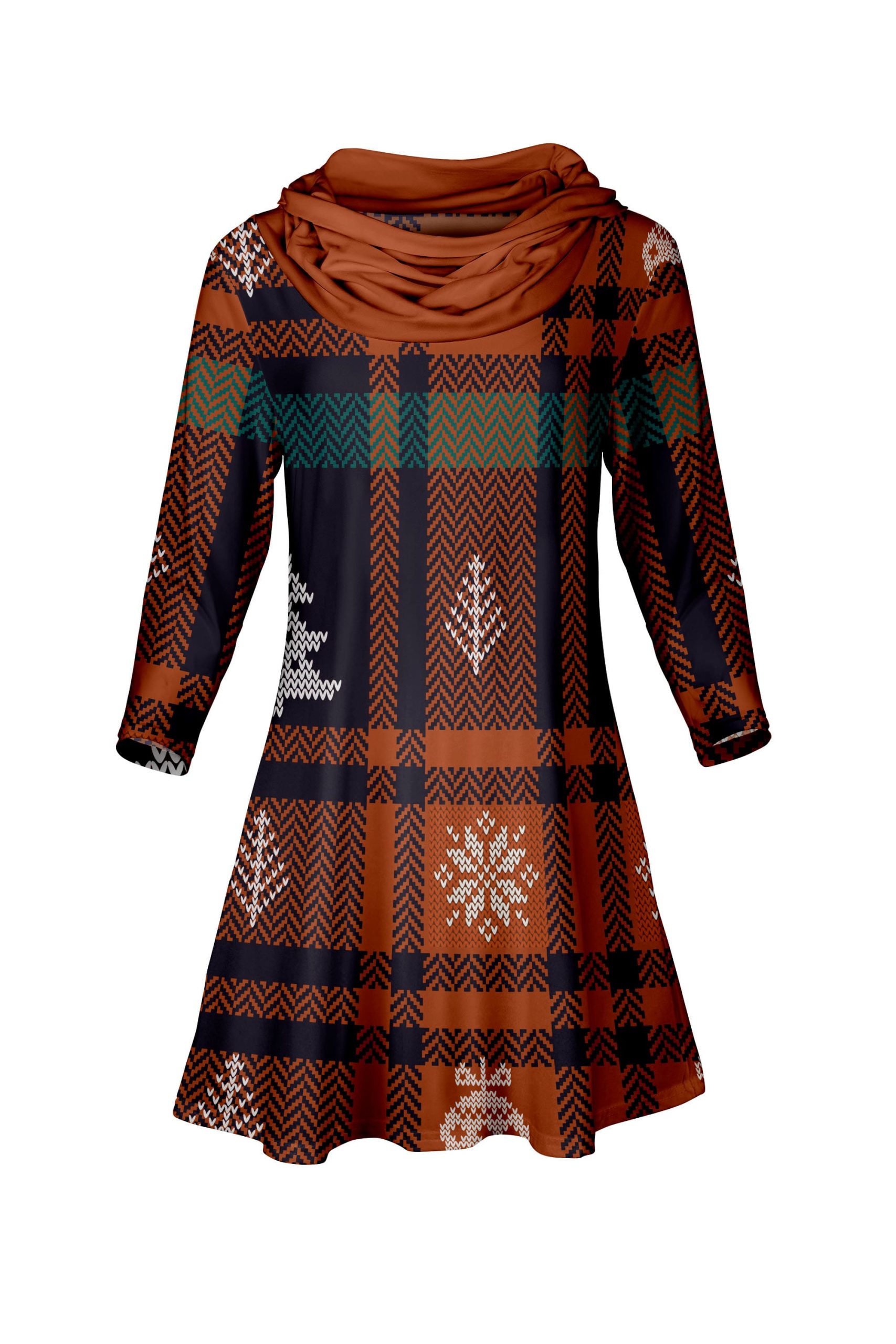 Lily by Firmiana Women's Long Sleeve Cowl Neck Plaid Tunic Dress Brown & Teal Plaid Tunic Dress - Image 3