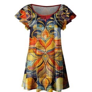 Lily by Firmiana Women's Short Sleeve Flutter Hem Tunic Top Multicolor Mosaic Print
