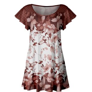 Lily by Firmiana Women's Short Sleeve Flutter Hem Tunic Top Brown & White Floral Border