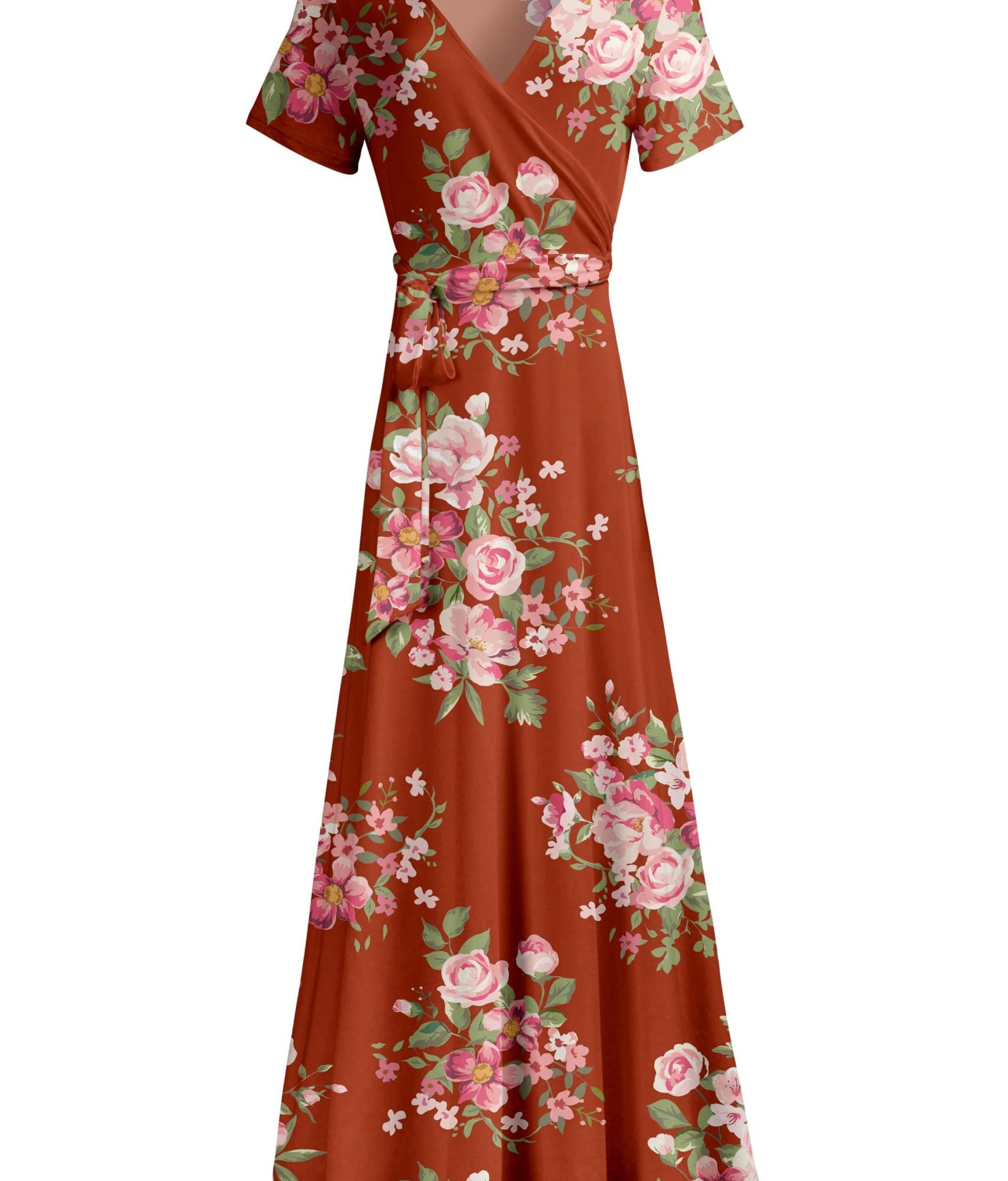 Lily by Firmiana Women's Short Sleeve Wrap-Style Maxi Dress with Tie Rust & Pink Floral Mix