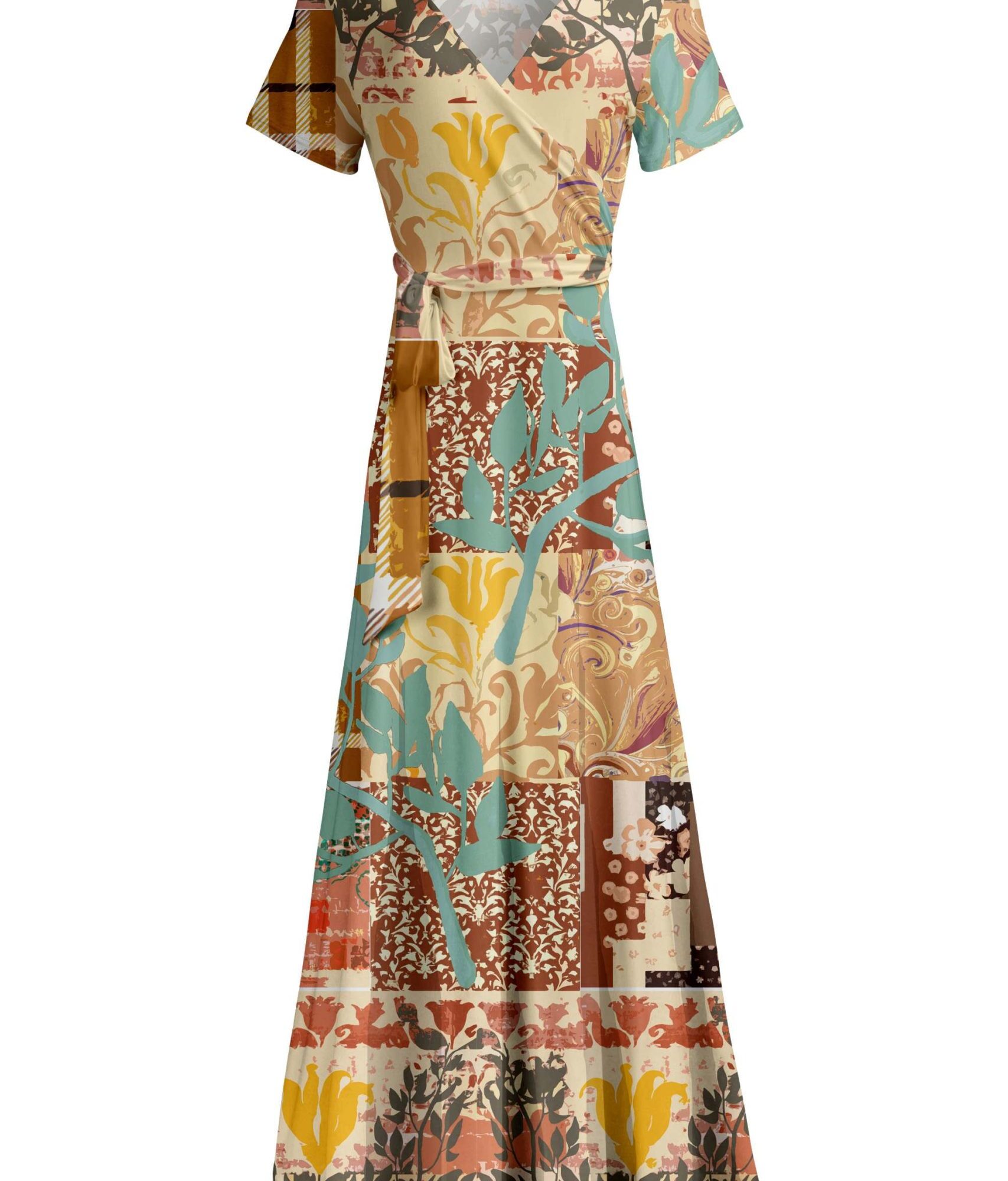 Lily by Firmiana Women's Short Sleeve Wrap-Style Maxi Dress with Tie Tan & Aqua Patchwork Mix