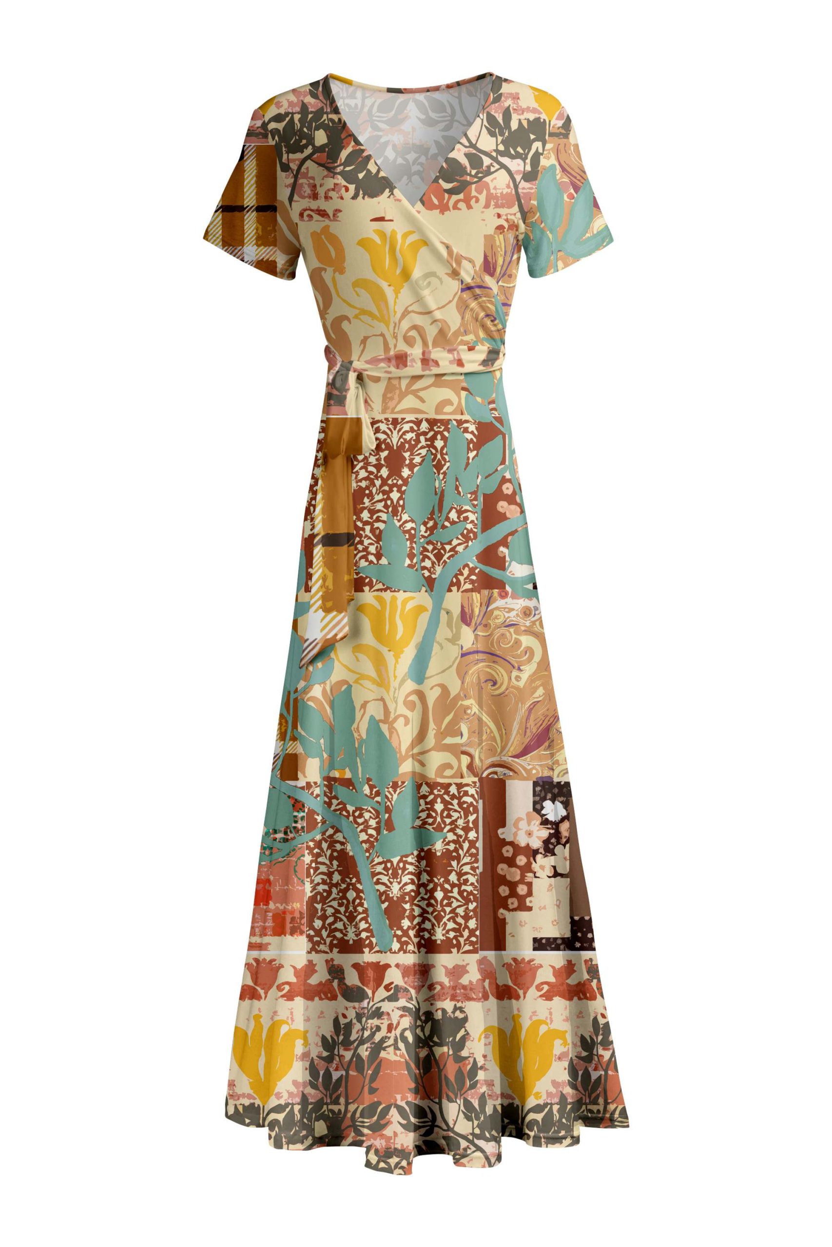 Lily by Firmiana Women's Short Sleeve Wrap-Style Maxi Dress with Tie Tan & Aqua Patchwork Mix