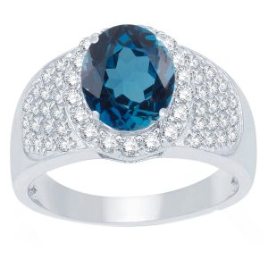 V3 Jewelry Sterling Silver 4.60CT Natural London Blue Topaz and White Topaz Halo Ring