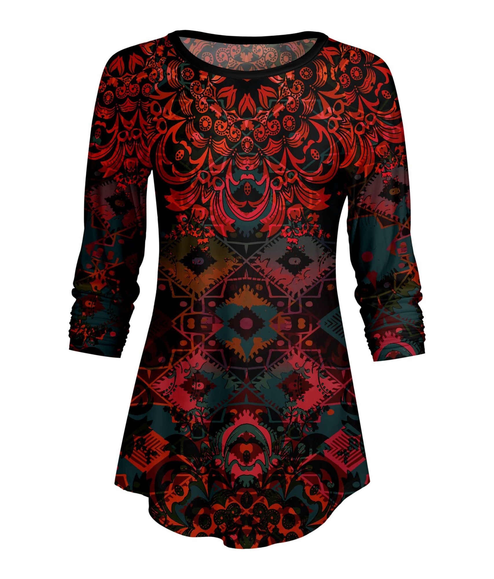 Lily by Firmiana Women's ¾ Sleeve Scoop Neck Tunic Top Red & Black Baroque Holiday