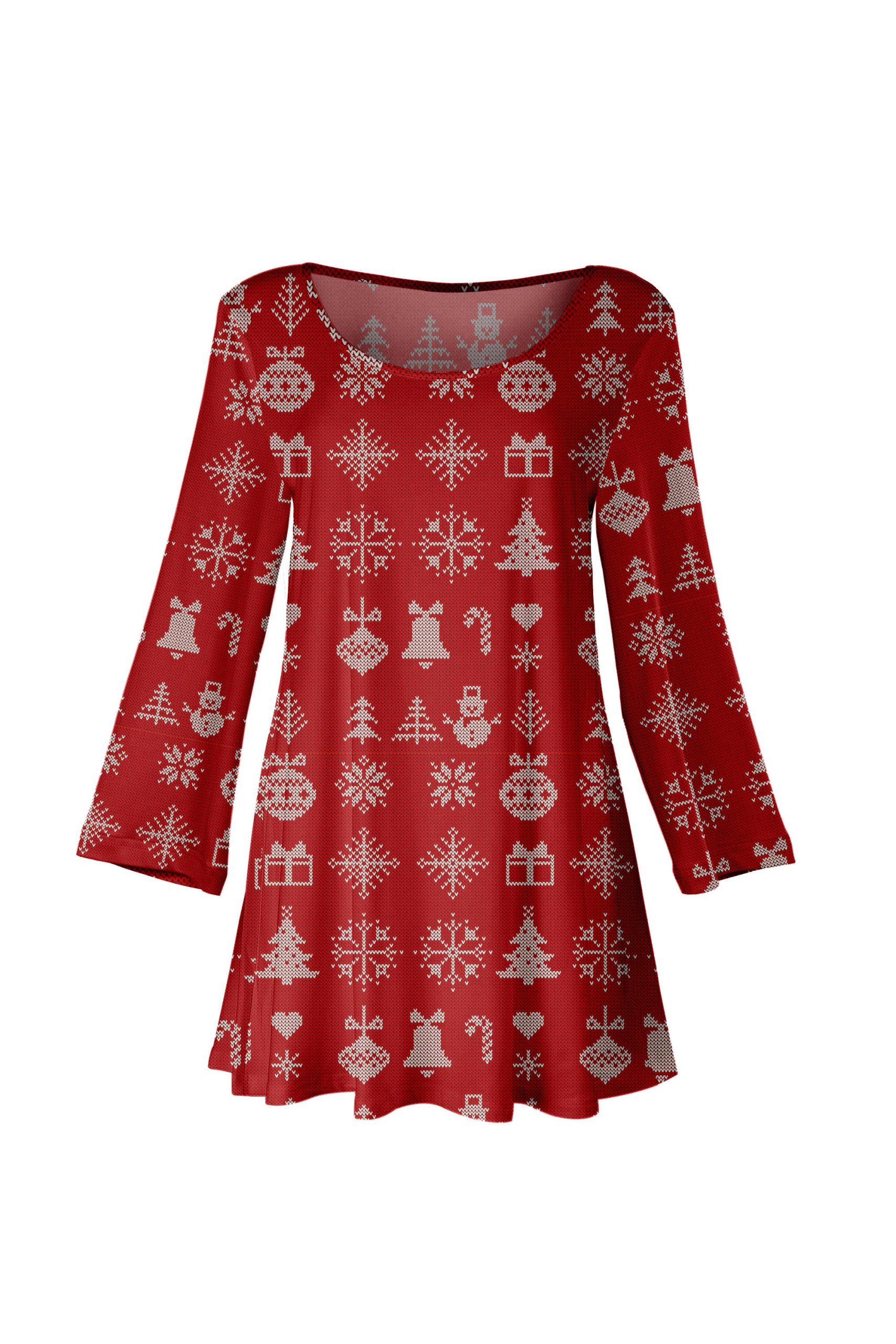 Lily by Firmiana Women's Long Sleeve Scoop Neck Flared Hem Tunic Red Holiday Reindeer Fair Isle Print - Image 4