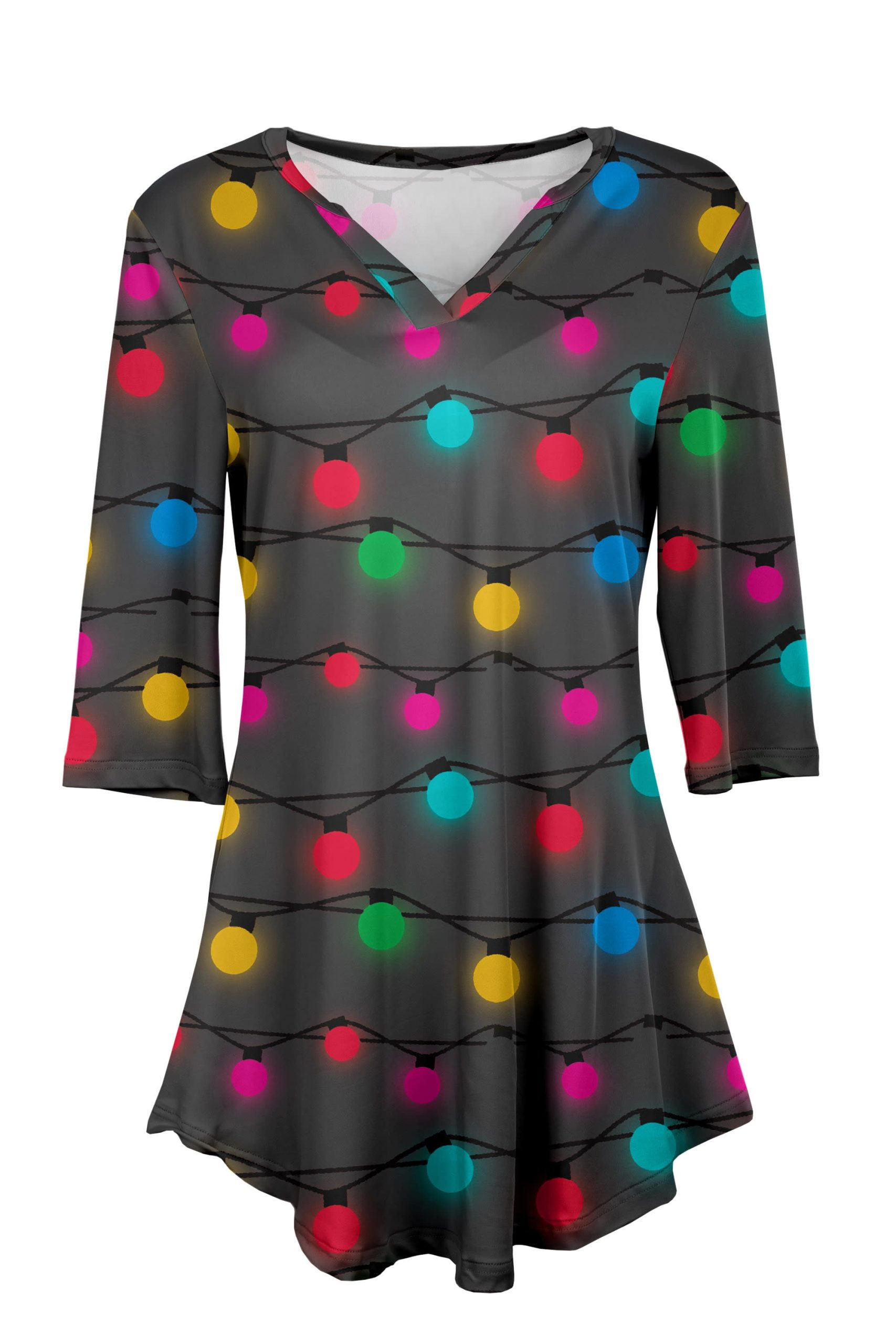 Lily by Firmiana Women's 3/4 Sleeve Notch Neck Tunic Charcoal Christmas Light Bulb Print - Image 5