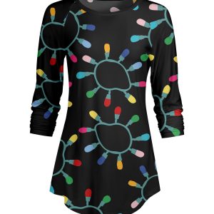 Lily by Firmiana Women's ¾ Sleeve Scoop Neck Tunic Top Christmas Lights Print