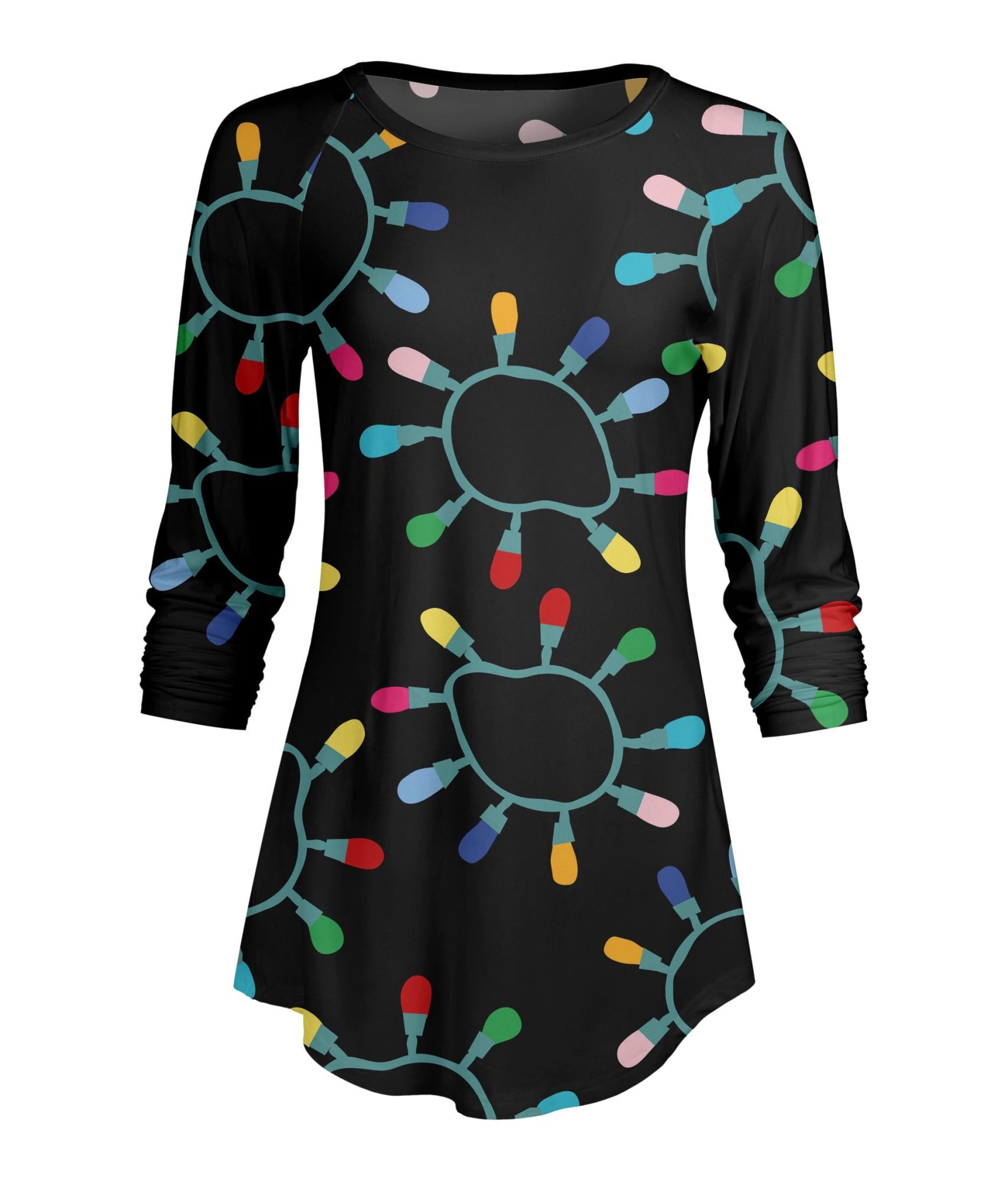 Lily by Firmiana Women's ¾ Sleeve Scoop Neck Tunic Top Christmas Lights Print
