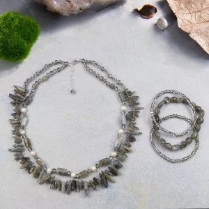 MGR Women's Labradorite Double Strand Necklace & Bracelet Combo Jewelry Set