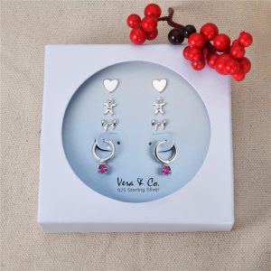 Sterling Silver Holiday Earring Set of Heart Stud. Gingerbread Man Stud. Bow Tie Stud. A drop of Red CZ Huggie Hoop