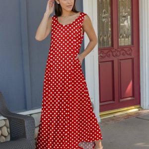 Lily by Firmiana Women's Cap Sleeve Fishtail Maxi Dress Red & White Polka Dot