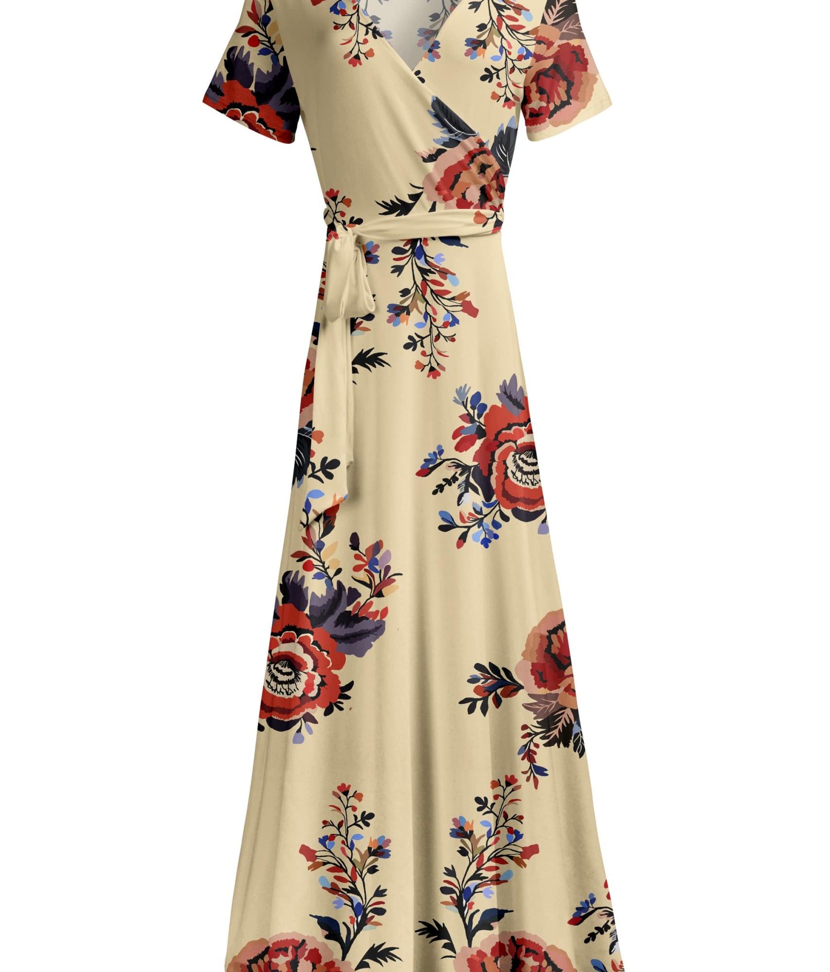Lily by Firmiana Women's Short Sleeve Wrap-Style Maxi Dress with Tie Cream & Red Floral Border