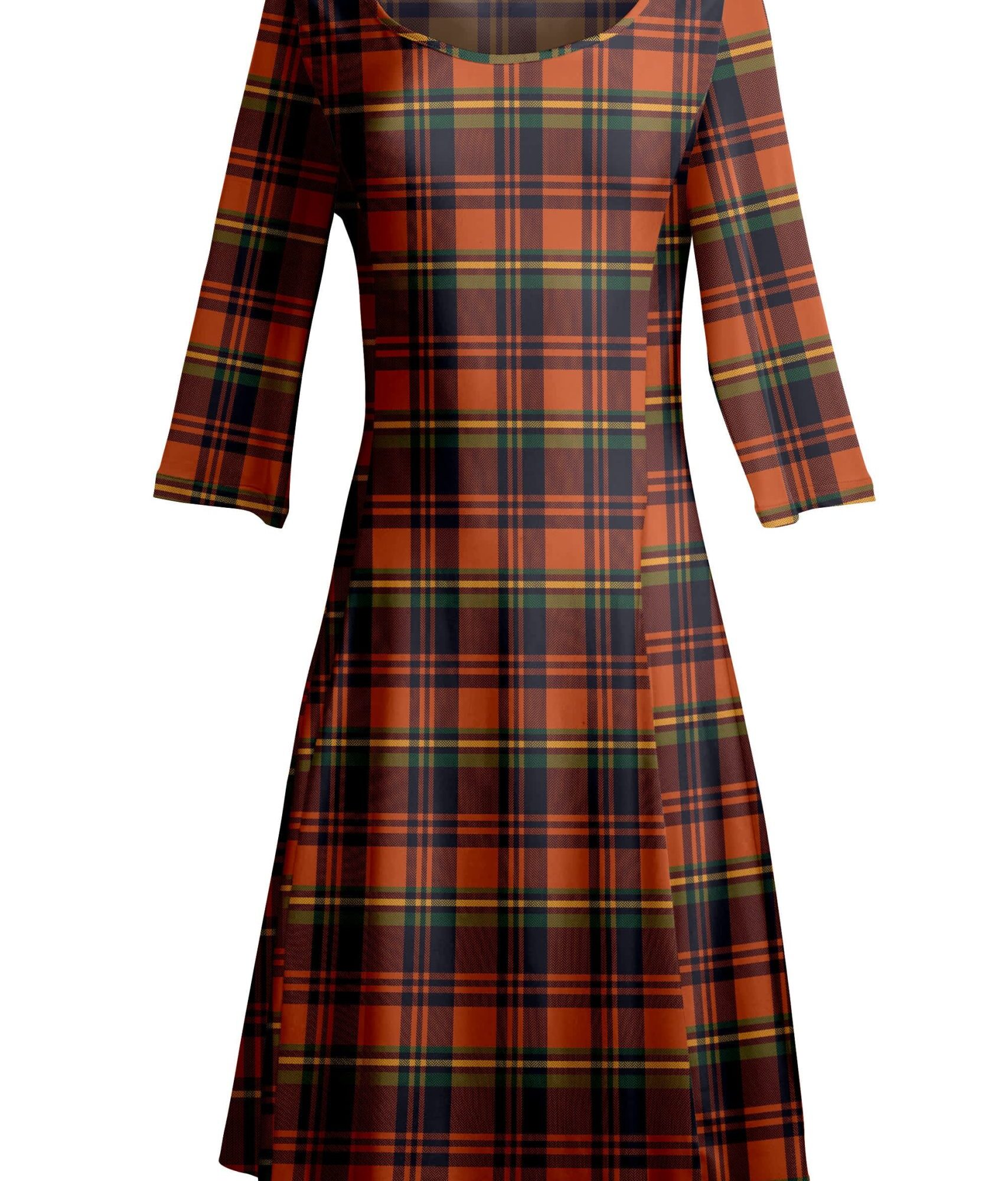 Lily by Firmiana Women's ¾ Sleeve Fit-and-Flare Dress Orange & Brown Plaid