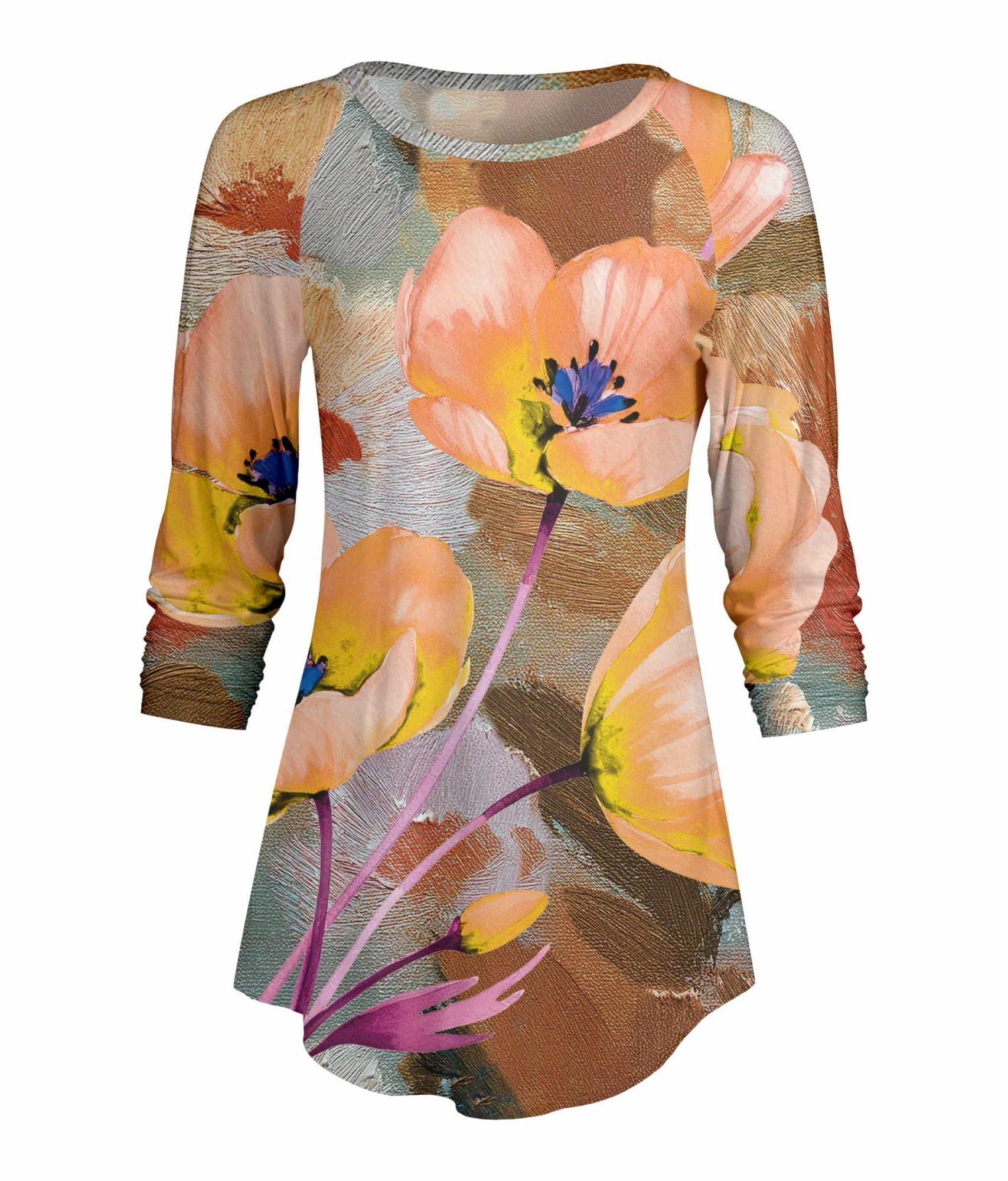 Lily by Firmiana Women's ¾ Sleeve Scoop Neck Tunic Top Orange & Brown Daisy Floral