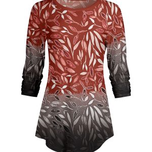 Lily by Firmiana Women's ¾ Sleeve Scoop Neck Tunic Top Ombre Red Floral Fade
