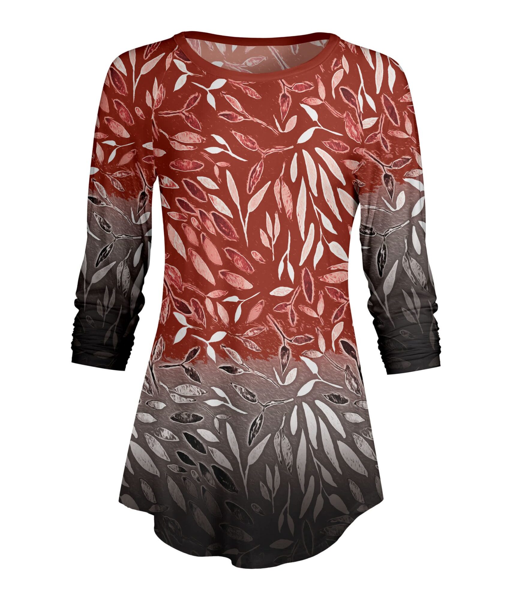 Lily by Firmiana Women's ¾ Sleeve Scoop Neck Tunic Top Ombre Red Floral Fade