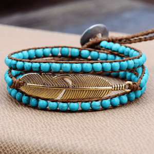Goldtone Feather & Turquoise Beaded Wrap Bracelet