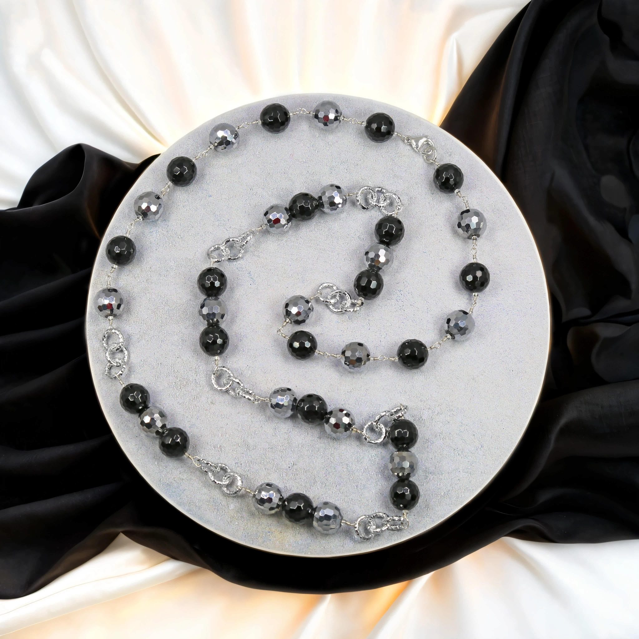 MGR Women's Faceted Onyx & Crystals Hand Beaded Rosary Style Necklace