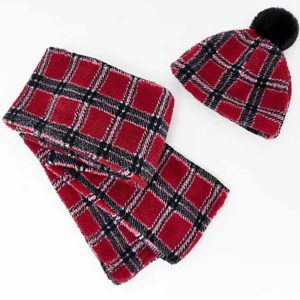 Sprigs Sherpa Beanie w/ Pom Pom & Sherpa Scarf Set Red Plaid