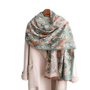 Sage Green & Orange Floral Paisley Fringe-Trimmed Scarf
