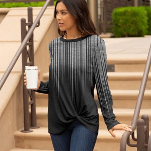 Lily by Firmiana Women's Long Sleeve Round Neck Tunic with Twist Front Hem Black & Gray Ombre Stripe Print