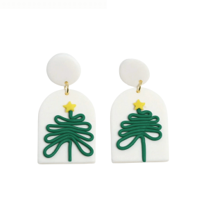 Don't AsK White Polymer Clay Green Minimalist Christmas Tree Earrings ?C Festive Holiday Jewellery for Women