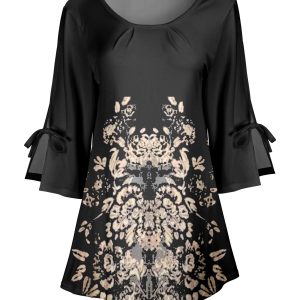 Lily by Firmiana Women's Round Neck Tunic with Split Hem ¾ Sleeves and Tie Detail Black & Beige Baroque Floral