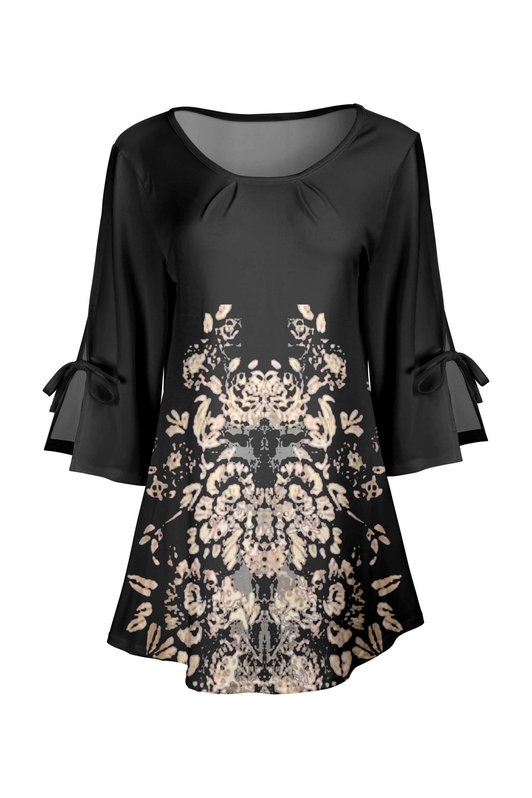 Lily by Firmiana Women's Round Neck Tunic with Split Hem ¾ Sleeves and Tie Detail Black & Beige Baroque Floral