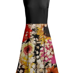 Lily by Firmiana Women's Sleeveless Dress with Pleated Skirt Black & Yellow Floral Mix