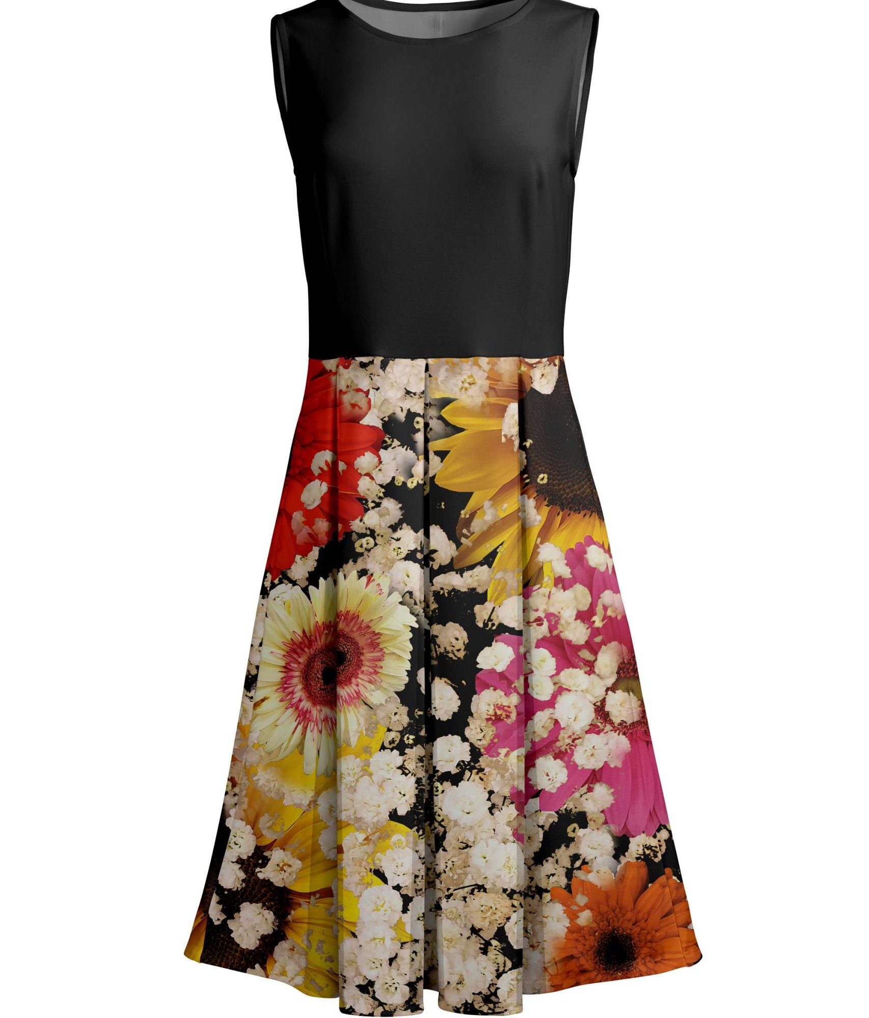 Lily by Firmiana Women's Sleeveless Dress with Pleated Skirt Black & Yellow Floral Mix