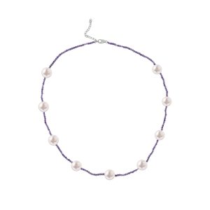 V3 Jewelry Freshwater Pearl and Amethyst Sterling Silver Station Necklace