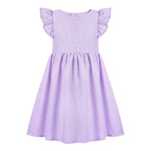 Purple Gingham Angel-Sleeve A-Line Dress