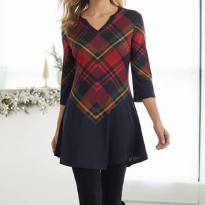 Lily by Firmiana Women's 3/4 Sleeve Notch Neck Tunic Red & Navy Diagonal Plaid Holiday Tunic