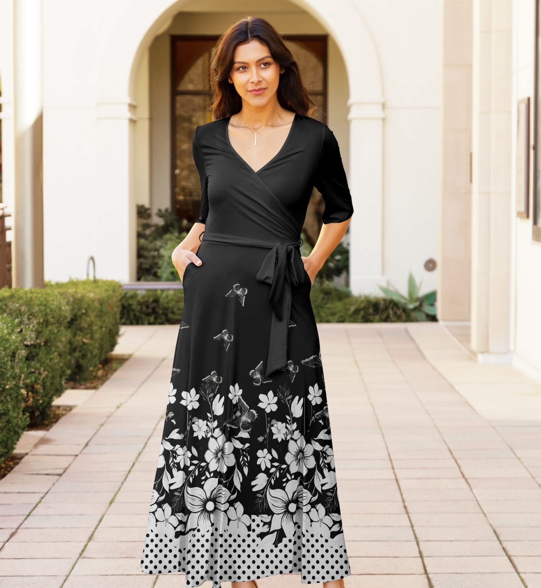 Lily by Firmiana Women's ? Sleeve Wrap-Style Maxi Dress with Tie Black & White Floral Border