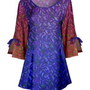 Lily by Firmiana Women's Round Neck Tunic with Split Hem ¾ Sleeves and Tie Detail Purple & Blue Abstract Floral