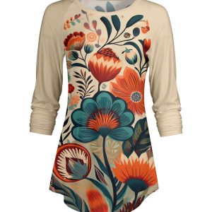 Lily by Firmiana Women's ¾ Sleeve Scoop Neck Tunic Top Beige & Orange Floral