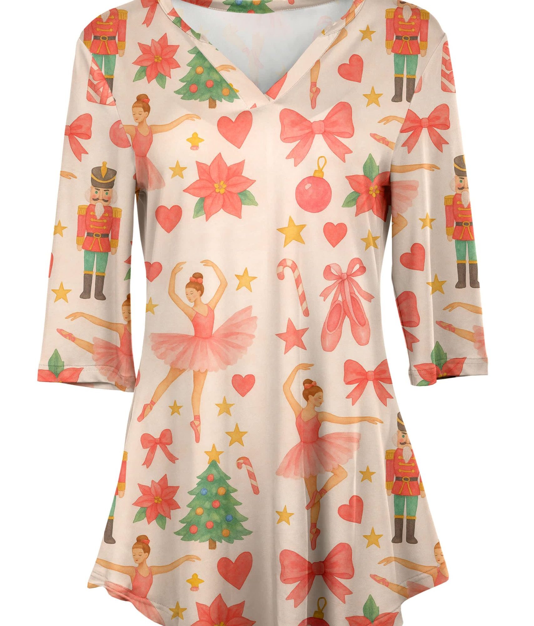 Lily by Firmiana Women's 3/4 Sleeve Notch Neck Tunic Pink Multicolor Nutcracker Print