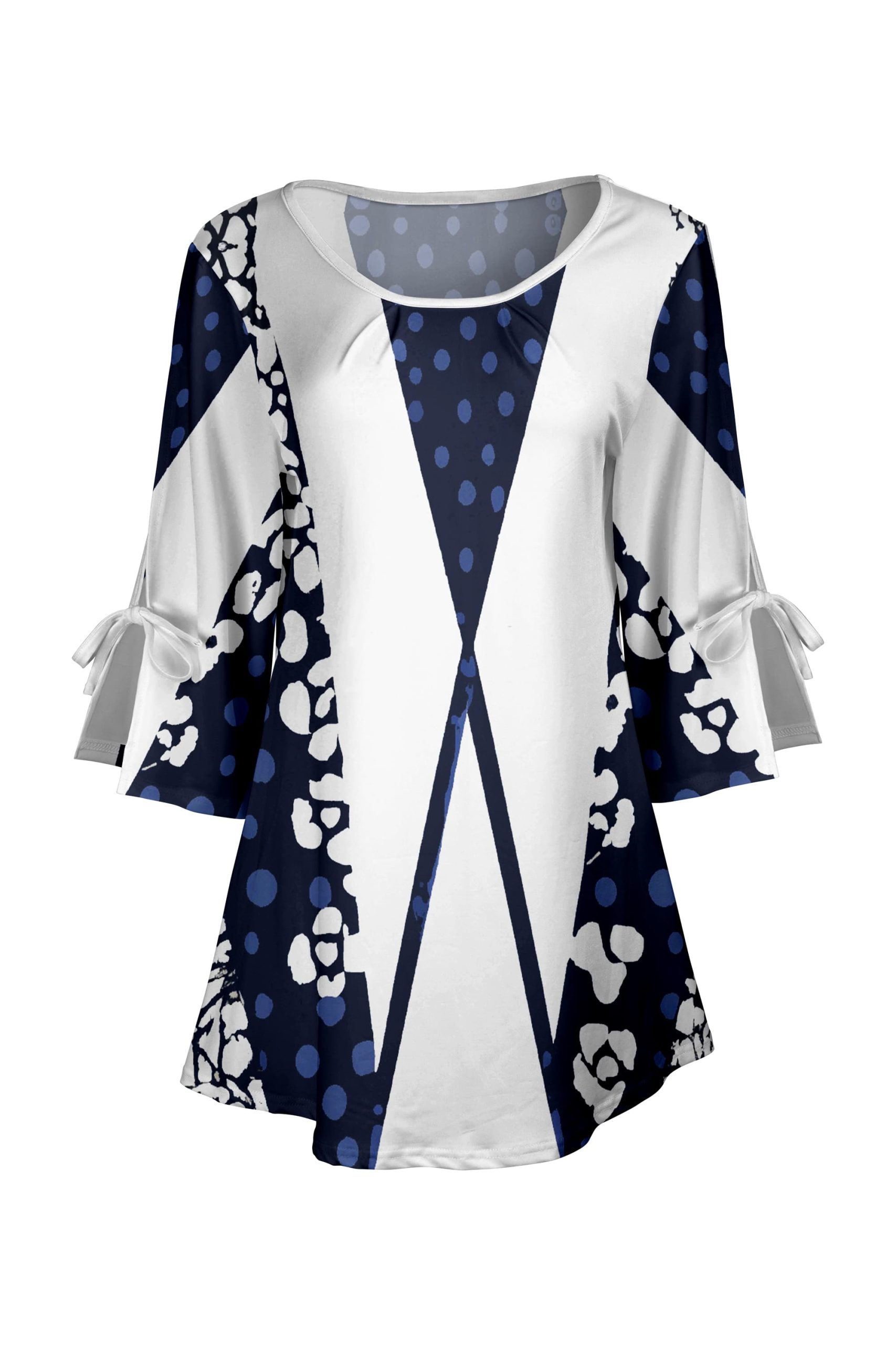 Lily by Firmiana Women's Round Neck Tunic with Split Hem ¾ Sleeves and Tie Detail Navy & White Chevron Floral Mix - Image 4