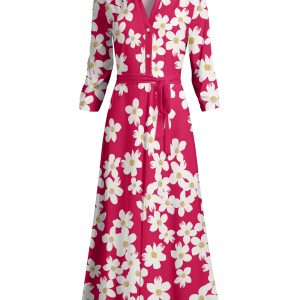 Lily by Firmiana Women's Long Sleeve Collared Maxi Dress with Tie Fuchsia & White Floral