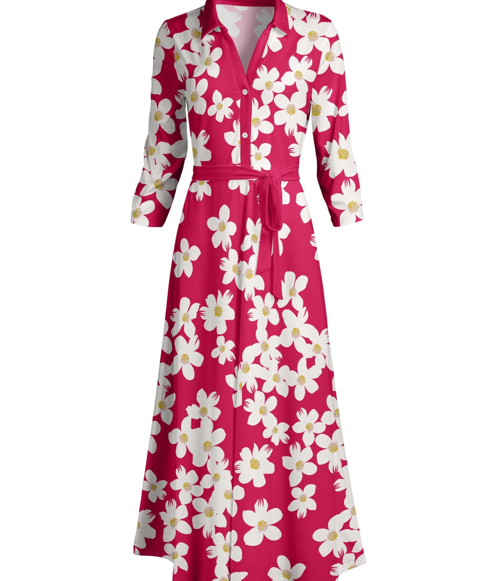 Lily by Firmiana Women's Long Sleeve Collared Maxi Dress with Tie Fuchsia & White Floral