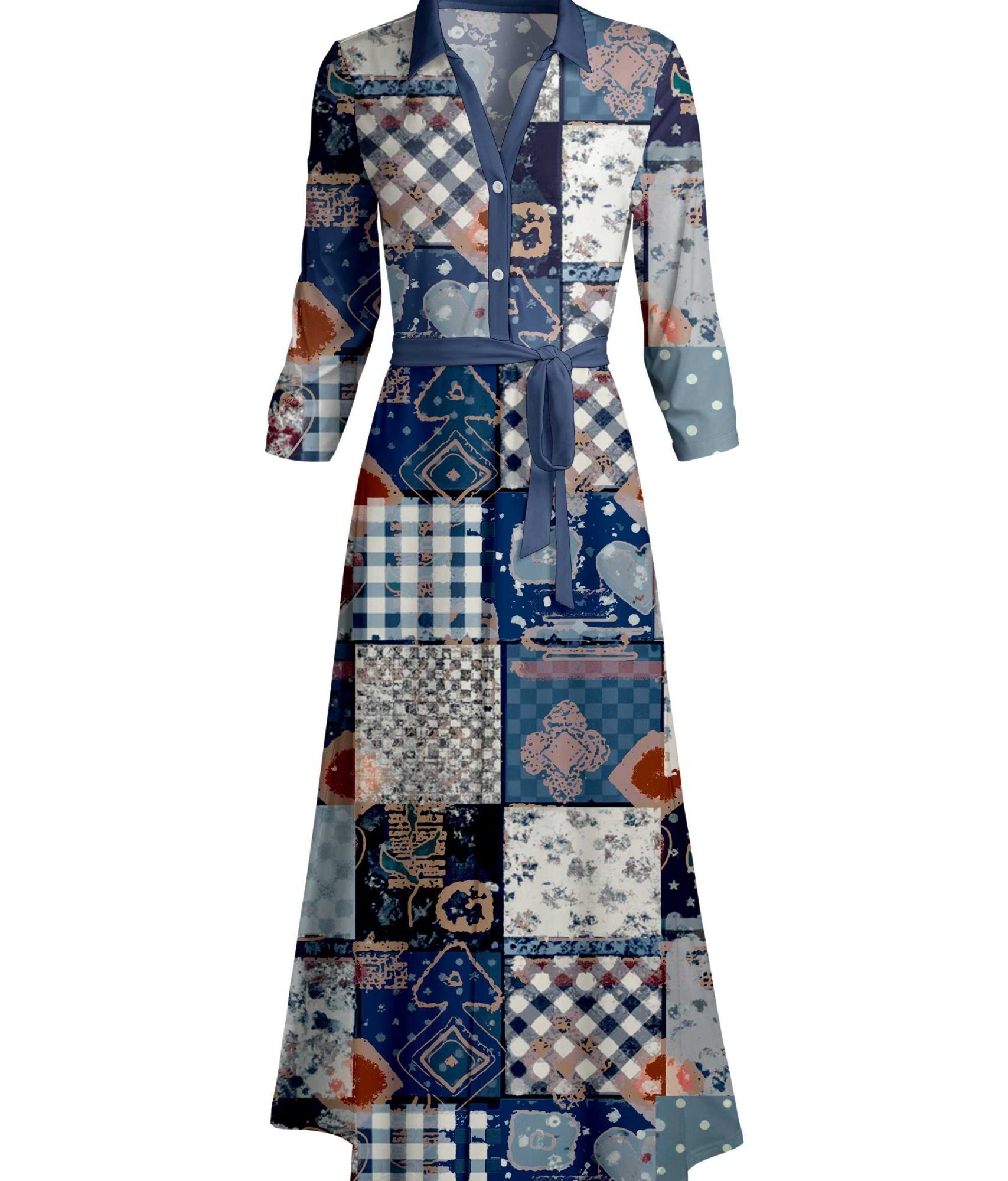 Lily by Firmiana Women's Long Sleeve Collared Maxi Dress with Tie Blue Patchwork Mix