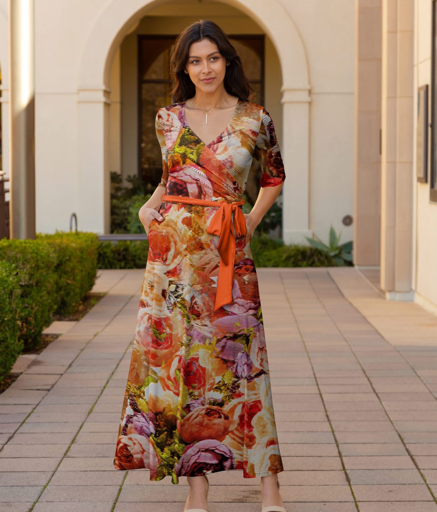 Lily by Firmiana Women's ? Sleeve Wrap-Style Maxi Dress with Tie Rust & Purple Floral Mix
