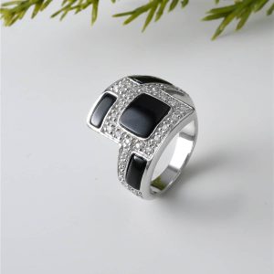 Vera & Co Sterling Silver Blocks Onyx Stone Inlaid with CZ Women Ring size 9