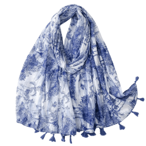 Blue and White Toile Tassel Scarf