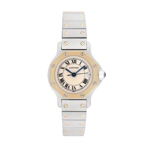 Pre-owned Cartier Women's Santos Octagon 25mm 18K Yellow Gold and Stainless Steel Wristwatch - 187903