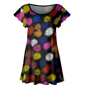 Lily by Firmiana Women's Short Sleeve Flutter Hem Tunic Top Black & Colorful Floral Mix