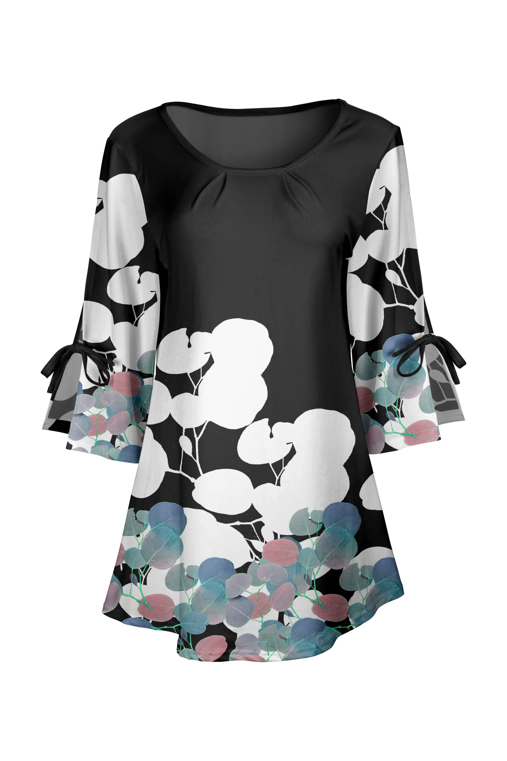 Lily by Firmiana Women's Round Neck Tunic with Split Hem ¾ Sleeves and Tie Detail Black & White Floral Mix - Image 4