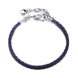 Silvertone braided leather adjustable charm bracelet in navy